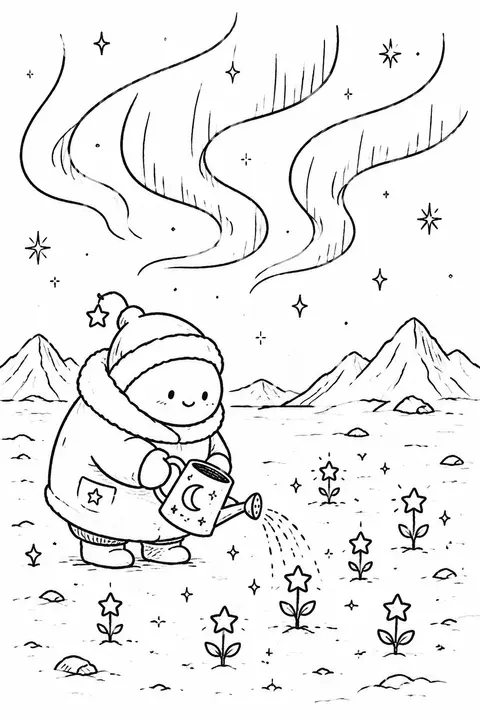 A cheerful celestial gardener in a frozen tundra beneath rippling aurora, loving - AI生成图片 2