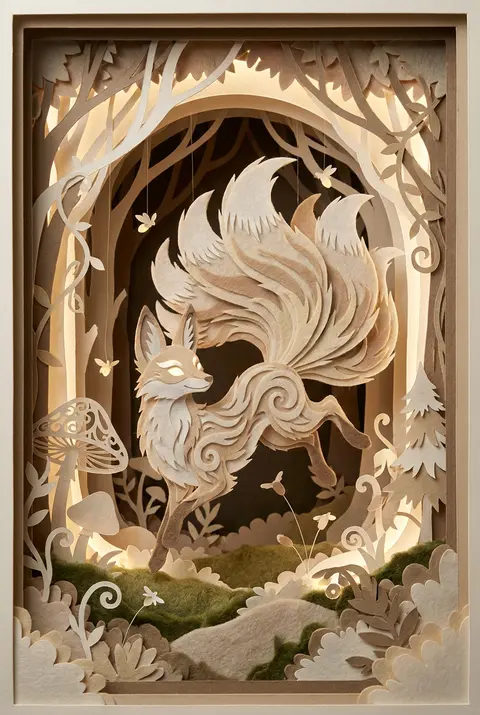 A jubilant nine-tailed fox spirit with sweeping, layered tails leaps through a g - AI生成图片 1