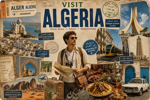 复古旅行海报拼贴风，主题“VISIT ALGERIA / 欢迎来到阿尔及利亚”，纵向构图，做旧纸张纹理背景，边缘磨损、折痕、邮戳、票据、撕贴痕迹，整体像20世纪 - AI生成图片 2
