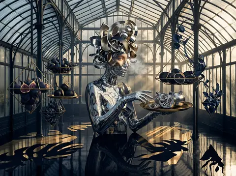 Surrealist photo collage of an enigmatic fruit vendor with mirrored chrome skin - AI生成图片 1