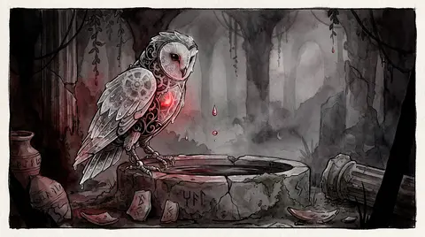 a clockwork owl perched beside a shallow basin of dark water in ancient moss-cov - AI生成图片 1