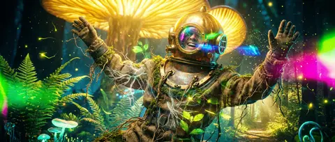 A jubilant deep-sea diver with an antique brass helmet transformed into a glowin - AI生成图片 2