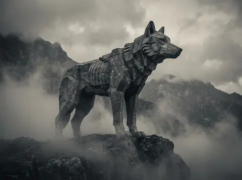 A melancholic woven-silk wolf formed from constellations, standing alone in a fo - AI生成图片 2