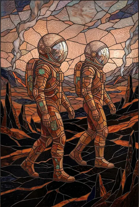 twin astronaut explorers traversing a volcanic wasteland, mirrored figures with - AI生成图片 2
