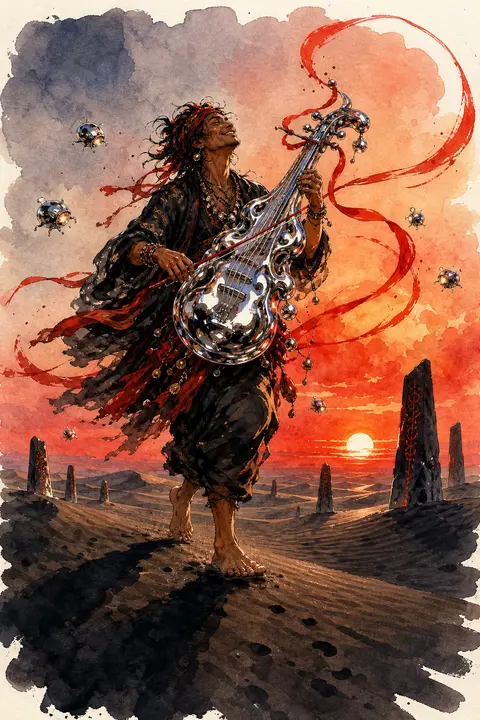 A jubilant wandering street musician strides barefoot across wind-carved dunes a - AI生成图片 2