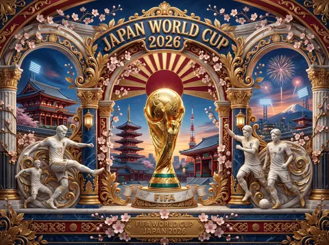 Ultra-detailed 3D baroque poster, Japan World Cup 2026, FIFA trophy in center, d - AI生成图片 4