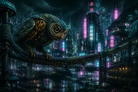 A clockwork owl perched on a sagging knitted-wool power cable above a rain-soake - AI生成图片 1