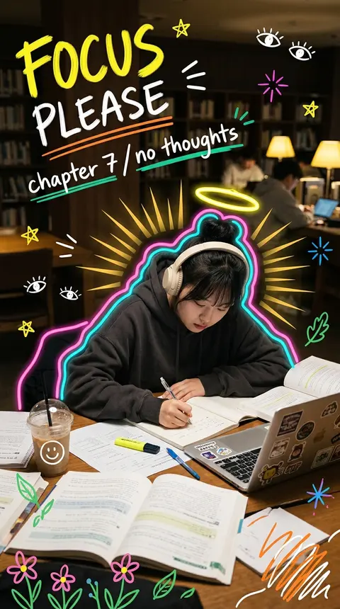 一张深色氛围的韩系／日系校园自习馆夜晚照片，竖构图，带有手机随拍感与社交媒体打卡气质，以真实人物摄影为基础，叠加高饱和手绘涂鸦拼贴与Y2K荧光贴纸风。主体是名为 - AI生成图片 1
