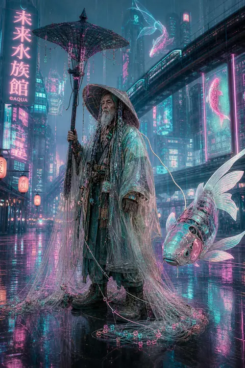 Full-body cinematic portrait of an elderly fisherman with weathered features and - AI生成图片 1