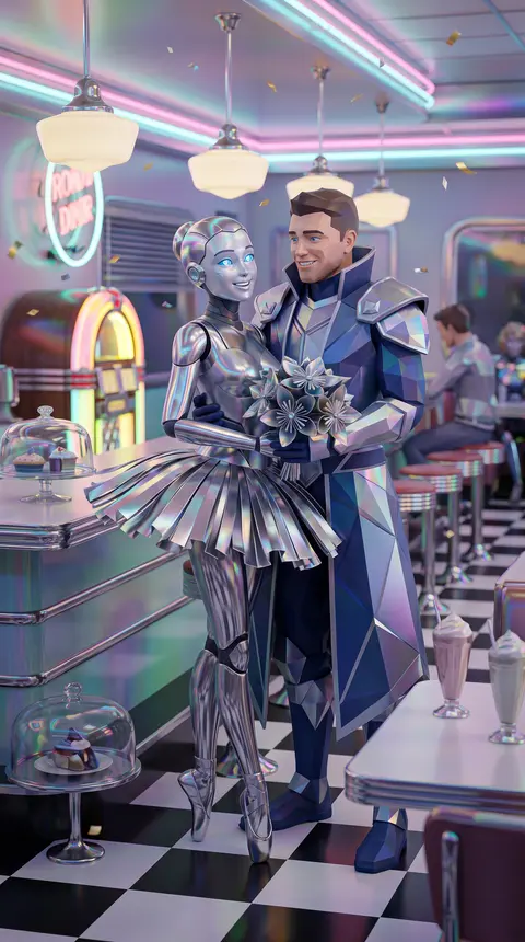 A joyful wedding portrait of two original battle-arena champions inside a neon-l - AI生成图片 3