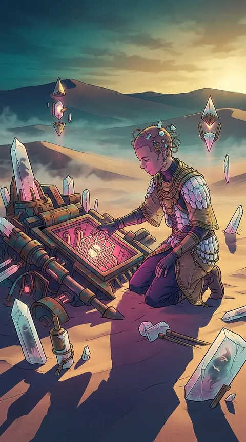A young desert inventor kneels beside a half-buried machine altar at first light - AI生成图片 1