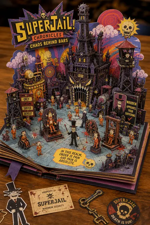 Create a Superjail!-themed 3D pop-up papercraft storybook diorama on wooden tabl - AI生成图片 1