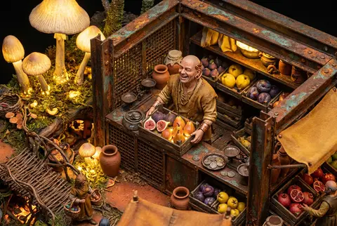 Ultra-detailed isometric miniature scene of a jubilant fruit vendor in a glowing - AI生成图片 1