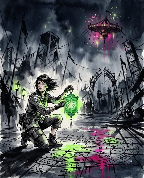 午夜嘉年华中的纵向构图，一位年轻发明学徒半蹲在画面左下方，侧身警觉地调整一只悬浮的 carved jade 机械灯笼，指尖沾着墨与金属粉，衣着为层叠短外套与束腿 - AI生成图片 1