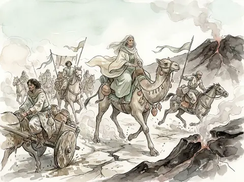 A sweeping watercolor storybook scene of a fiercely elegant desert nomad caravan - AI生成图片 2