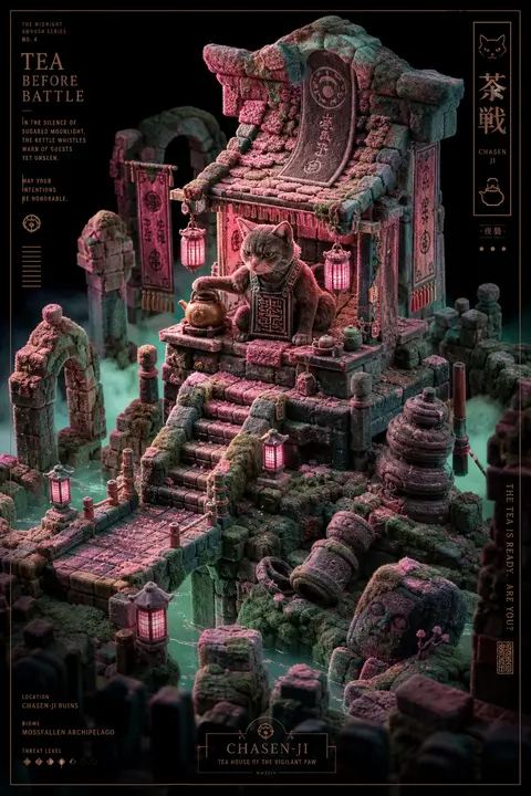 An isometric miniature diorama of a vigilant tea-house cat perched atop soft fel - AI生成图片 1