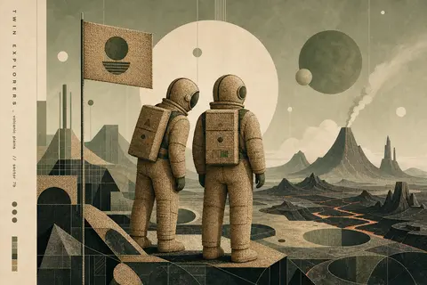 Twin astronaut explorers standing in quiet symmetry on a vast volcanic wasteland - AI生成图片 1