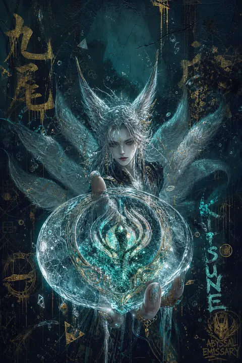 一只神话般的九尾狐灵，化作雌雄莫辨的深渊使者，悬浮在海底无光裂谷中央，身形修长而优雅，半透明霜晶质感的皮毛与尾翼像结霜宝石般折射微弱冷光，九条尾巴在水中缓慢展开 - AI生成图片 1