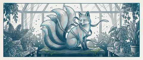 A mythical nine-tailed fox spirit in a sunlit greenhouse, draped in woven silk r - AI生成图片 1
