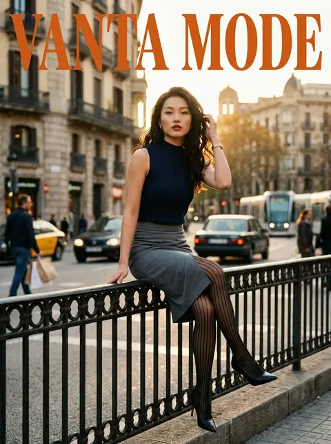 时尚杂志封面构图，中景人像，22-28岁东亚年轻女性模特“沈澜汐”，清冷凌厉的都会御姐气质，曲线鲜明，黑色长款微卷发自然垂落，淡雅底妆搭配红棕调唇色；身穿藏蓝色 - AI生成图片 1