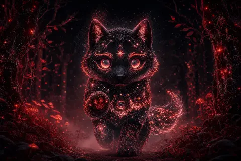 一只由星群与细碎银河缝合而成的狼灵，静静立于发光夜林中央，正面完整入镜，比例夸张可爱但并非玩具感，躯体像手工针织羊毛雕塑般圆润柔软，四肢短而厚实，前爪微微抬起， - AI生成图片 3