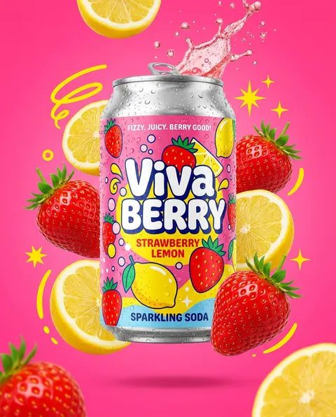 Ultra vibrant VivaBerry Strawberry Lemon sparkling soda hero shot, hot pink seam - AI生成图片 1