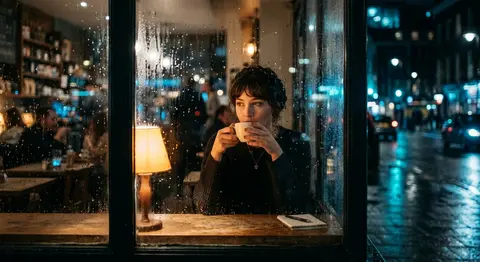 A cinematic, moody 35mm-style photograph of Elara Voss, a wistful young novelist - AI生成图片 1