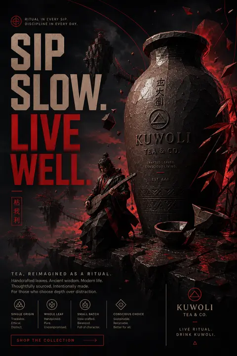 A premium advertising tableau for the fictional brand "KUWOLI Tea & Co." complet - AI生成图片 1