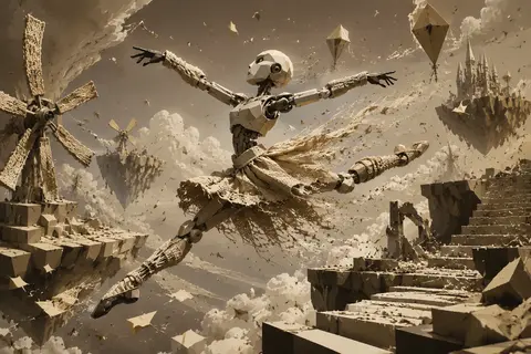 low-poly 3D render of a robotic ballet dancer leaping across floating sky island - AI生成图片 1