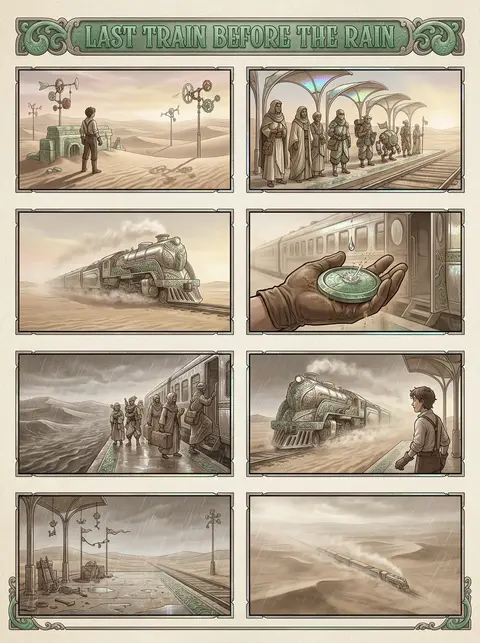Premium Hollywood storyboard sheet, 8 cinematic panels, titled "LAST TRAIN BEFOR - AI生成图片 2