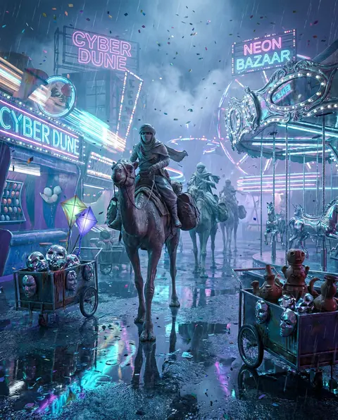 A wind-whipped caravan of veiled dune wanderers surges through a midnight carniv - AI生成图片 1