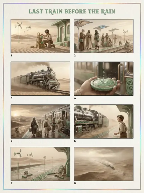 Premium Hollywood storyboard sheet, 8 cinematic panels, titled "LAST TRAIN BEFOR - AI生成图片 1