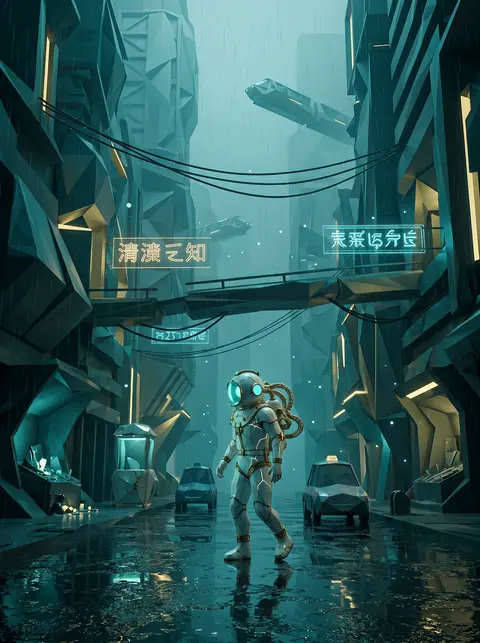 Dreamlike serene low-poly 3D render of a solitary deep-sea diver wandering throu - AI生成图片 1