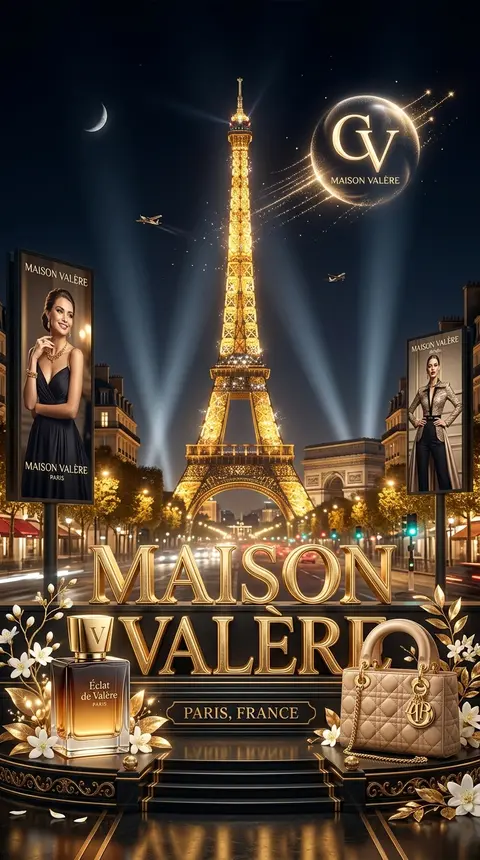 奢华高端“Maison Valère”主题广告海报，夜景巴黎场景，中央矗立发光金色“巴黎之光塔”地标，前景是超大立体金色 “MAISON VALÈRE” 字样与 - AI生成图片 1