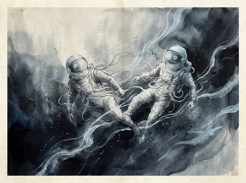 Twin astronaut explorers adrift in an underwater abyss, rendered as traditional - AI生成图片 2