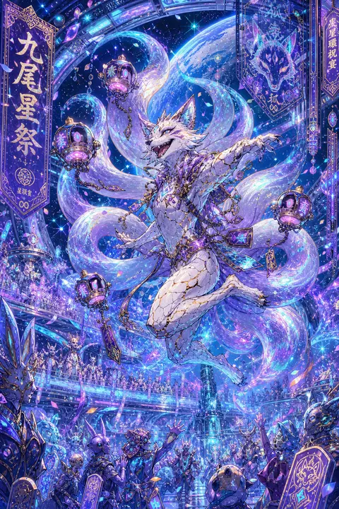 Vertical 9:16 poster, a mythical nine-tailed fox spirit mid-leap inside a vast o - AI生成图片 2