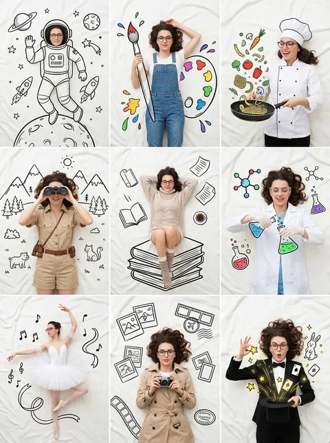 A professional 3×3 collage featuring the same beautiful young woman photographed - AI生成图片 2