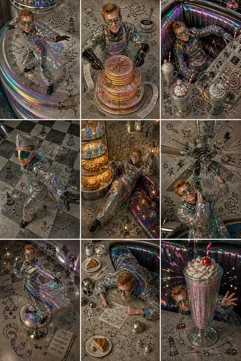 9-panel square collage, the same eccentric lighthouse keeper repeated across eve - AI生成图片 1