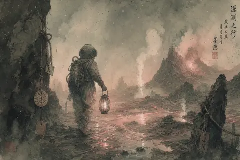 a deep-sea diver adrift through a volcanic wasteland, rendered as a traditional - AI生成图片 1