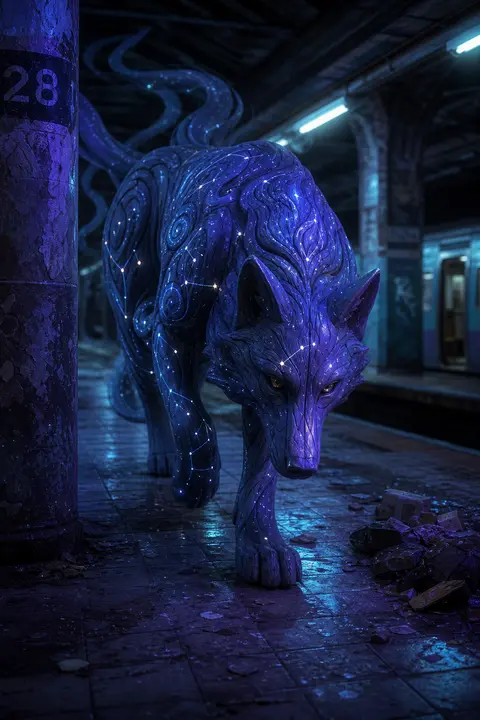 a serene constellation-wolf sculpted in lacquered wood, drifting through an aban - AI生成图片 1