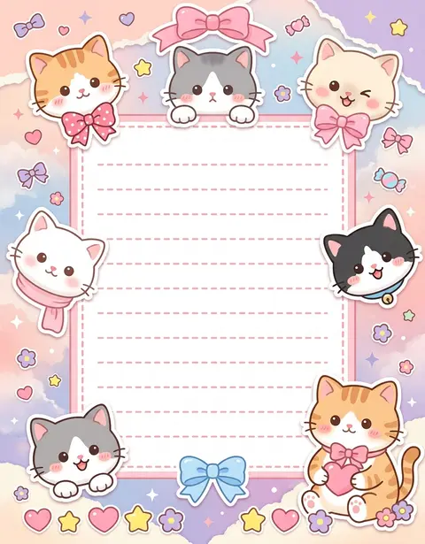 一张超可爱日系 `kawaii` 信纸/便签纸插画，竖版构图，梦幻粉彩配色，主题为“猫咪环绕的书写信纸边框”。画面中央保留大面积纯净留白的白色书写区域，采用圆角 - AI生成图片 1