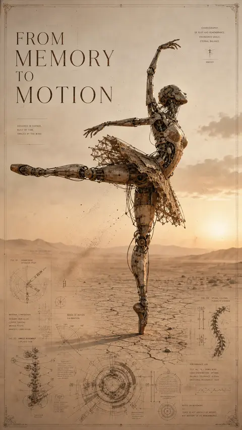A vertical 9:16 campaign image featuring a solitary robotic ballet dancer in a w - AI生成图片 2