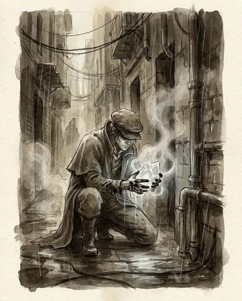 A young tinkering inventor crouched in a rain-soaked back alley, assembling a tr - AI生成图片 1