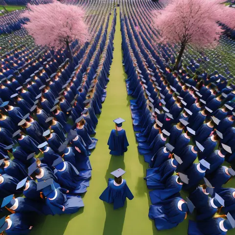 竖版 3:4 成品概念海报，高角度俯视构图，整片绿色操场上密集排列着大量重复出现的毕业生队列，所有人身穿统一的藏青色学士服与学士帽，面朝同一方向，站姿整齐克制， - AI生成图片 3