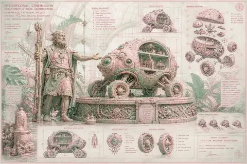 An epic, monumental blueprint schematic of an elderly fisherman standing like a - AI生成图片 2