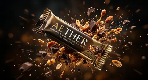 Ultra-cinematic product photography of a premium protein bar wrapped in metallic - AI生成图片 4