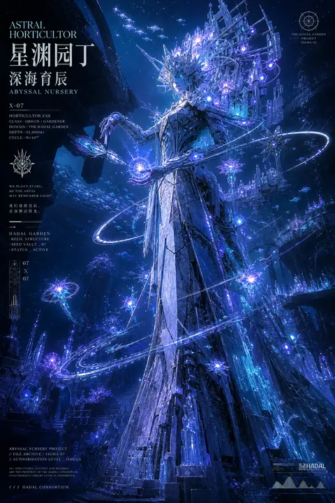 宏伟史诗级角色宣传海报，一位“星穹园艺师”悬立于深海断层之间，全身完整入镜，身形修长而非人化，面容冷静庄严，眼眸如青色等离子，半侧转身俯瞰观者，低机位仰视构图， - AI生成图片 2