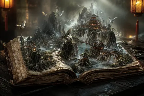 A centuries-old, storm-worn leather codex lies open across a polished midnight-m - AI生成图片 3