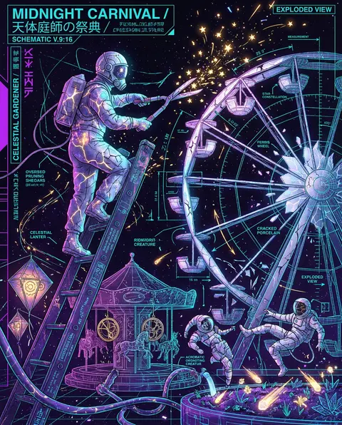 vertical 9:16 midnight carnival poster rendered as a blueprint schematic, a cele - AI生成图片 2