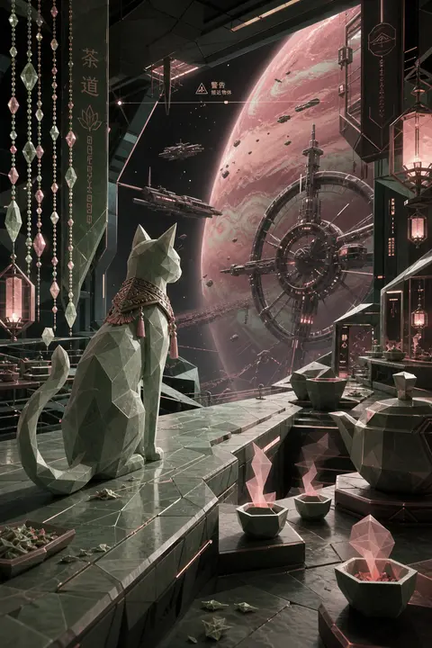 Vertical cinematic composition, a low-poly 3D render set inside a sprawling orbi - AI生成图片 1
